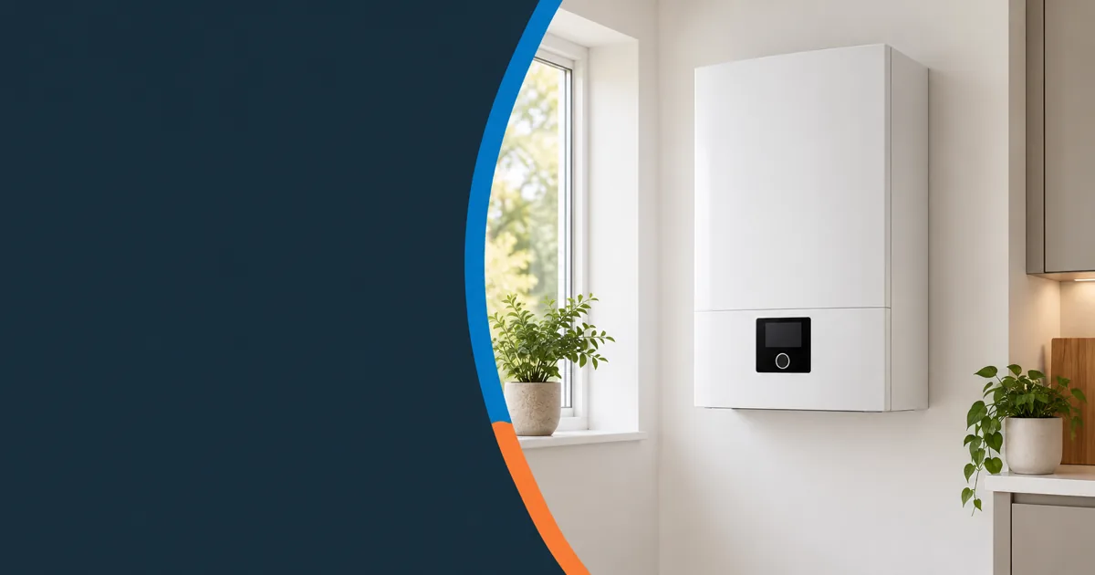 A modern white wall-mounted boiler beside a window in a bright kitchen