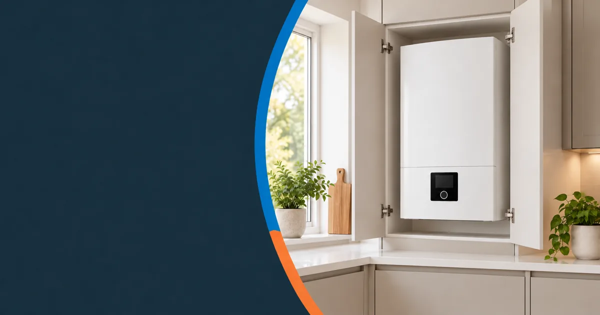 A compact combi boiler fitted in an open kitchen cupboard