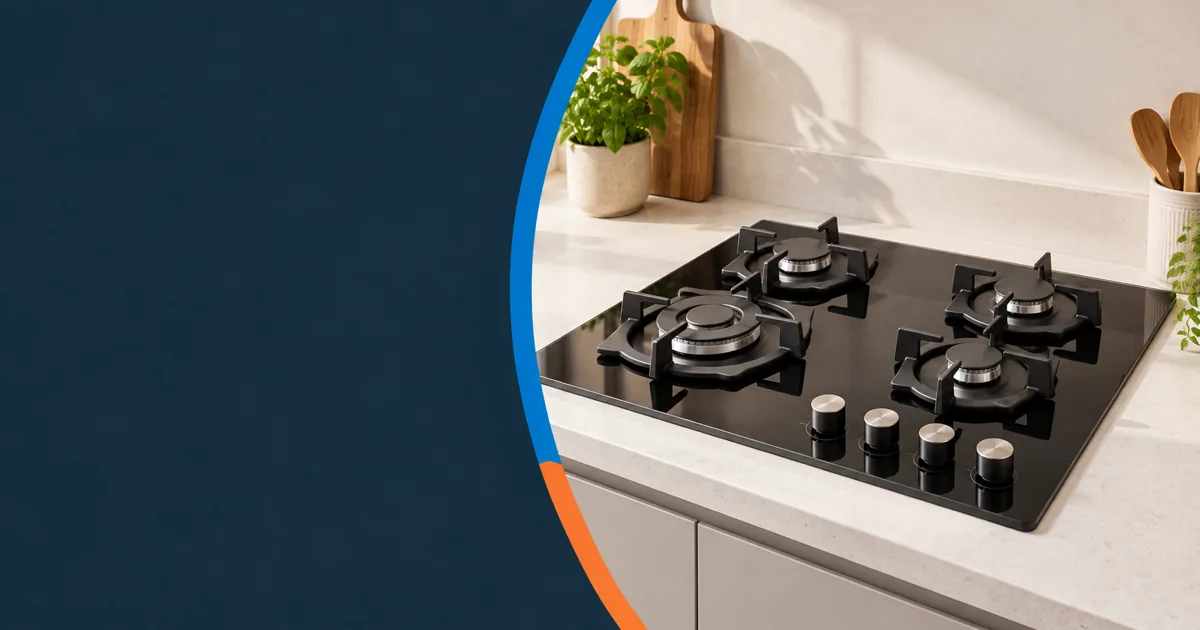 A modern black gas hob in a bright kitchen