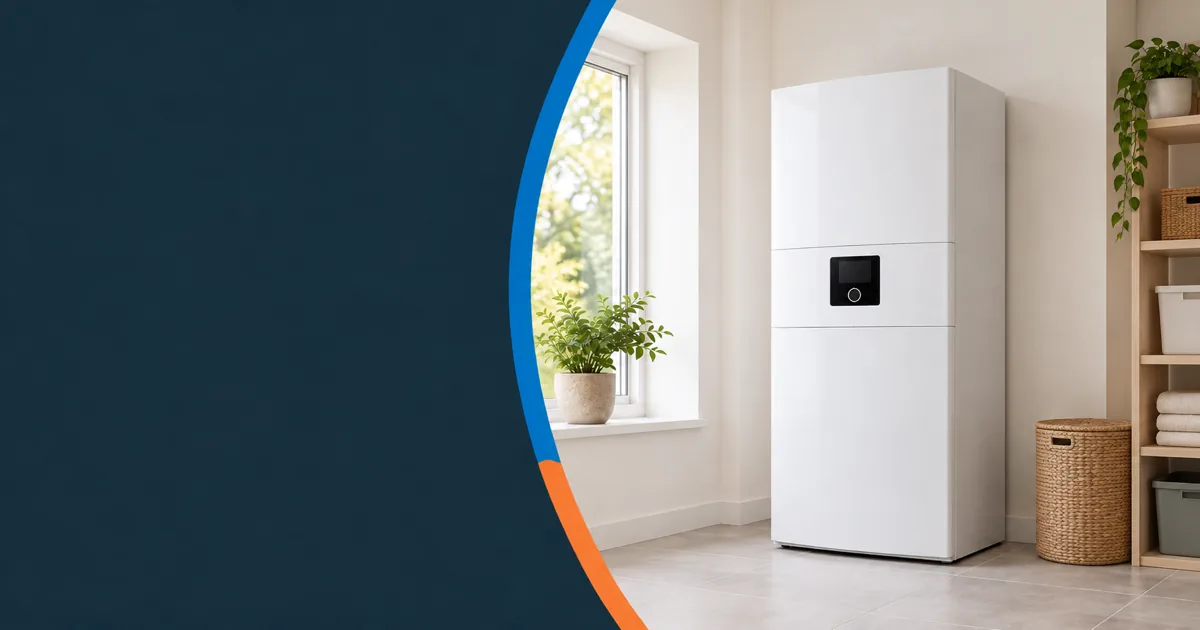 A modern floor-standing oil boiler in a tidy utility room