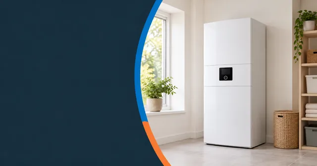 A modern floor-standing oil boiler in a tidy utility room