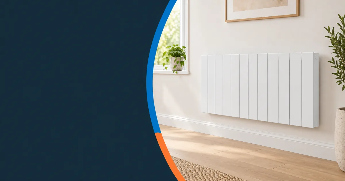 A modern white radiator on a bright bathroom wall