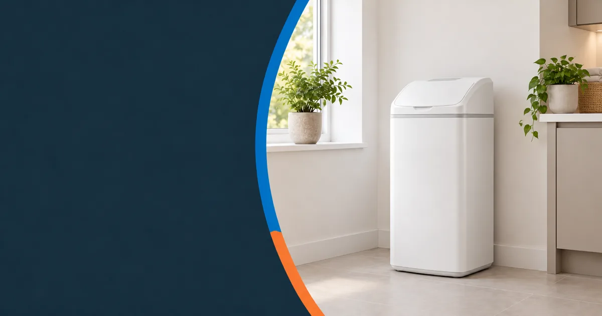 A modern white water softener unit in a utility room