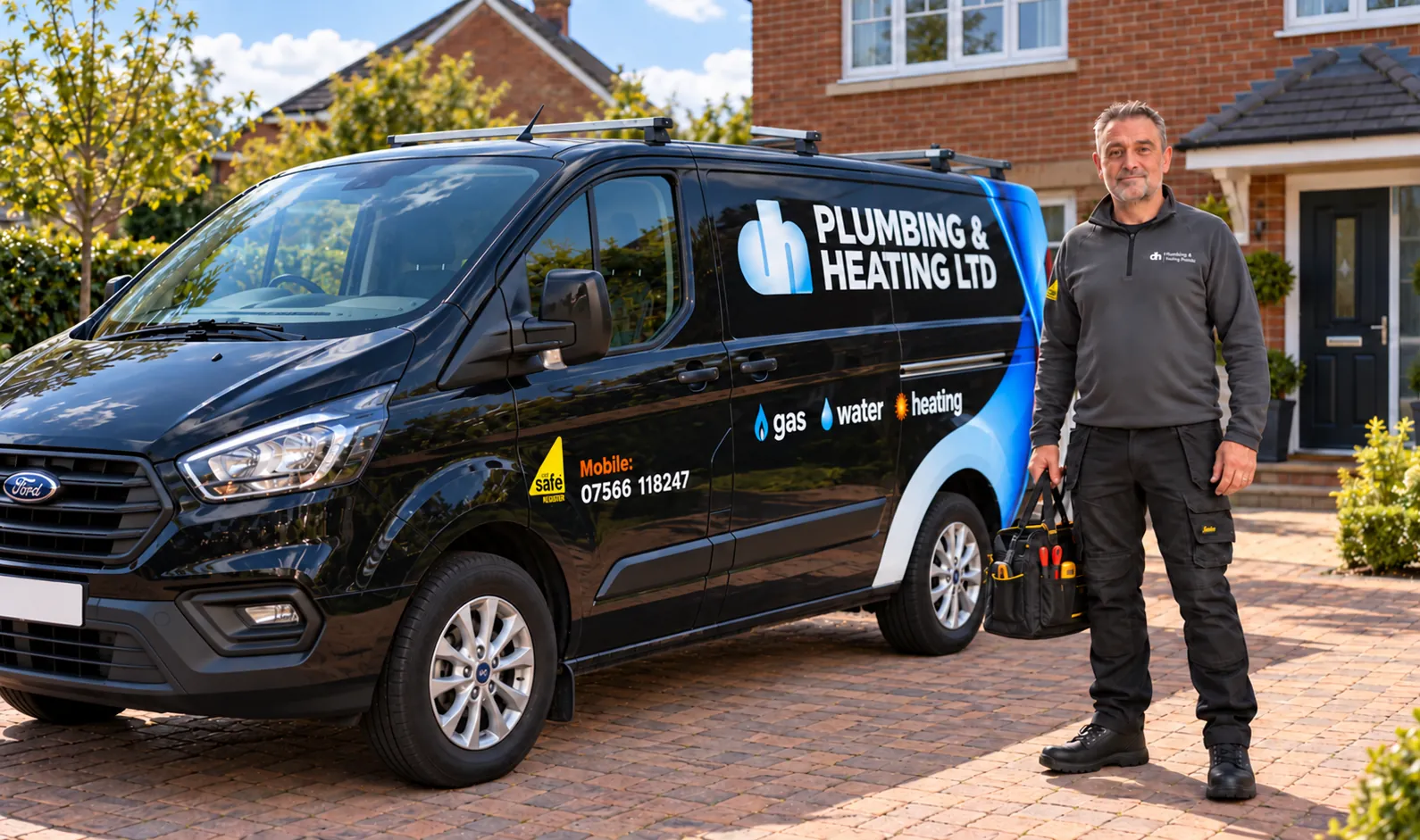 A DH Plumbing & Heating engineer with a tool bag beside the black company van on a driveway