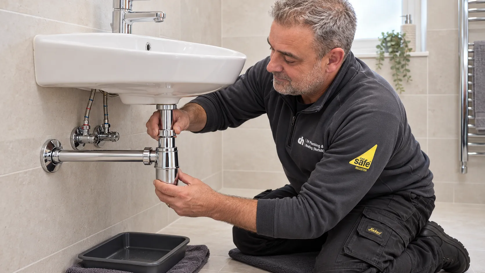 An engineer in DH Plumbing & Heating workwear refitting the waste trap under a bathroom basin