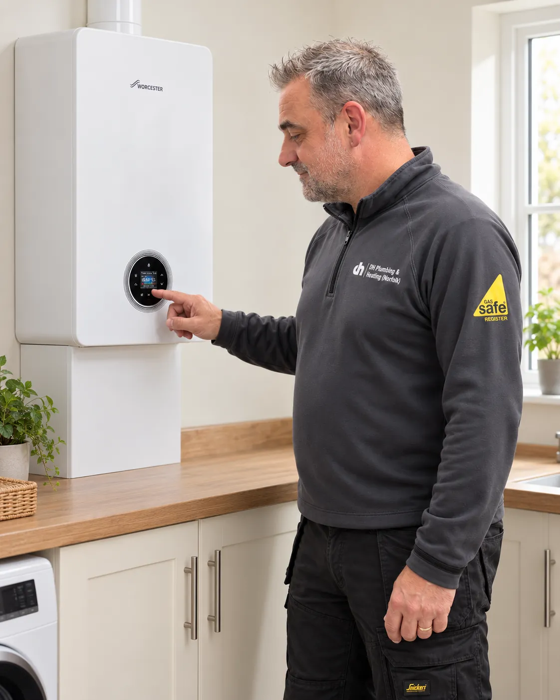 An engineer in DH Plumbing & Heating workwear checking the controls on a Worcester boiler