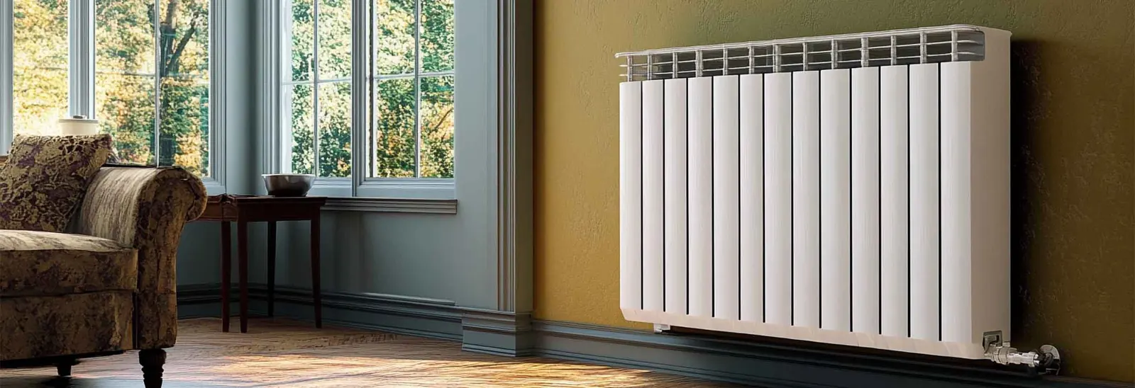 A modern white radiator under a window